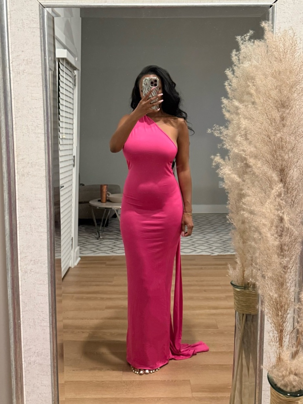 Elegant One-Shoulder Pink Evening Gown